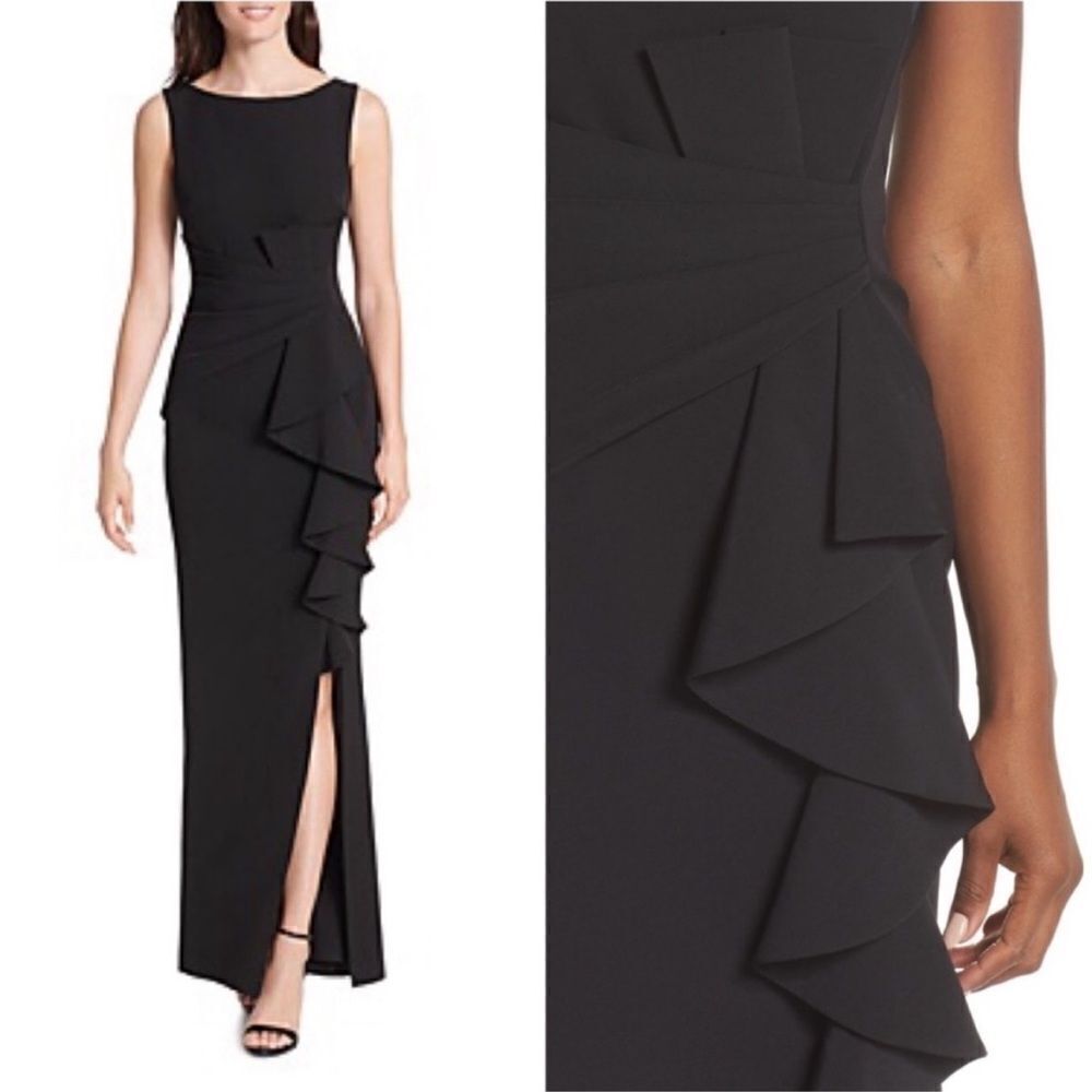 NWT Eliza J Black Cascading Ruffle Front Sleeveless Evening Gown $188